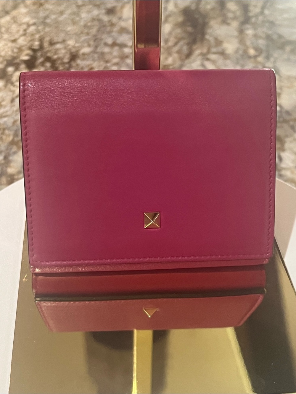 Valentino Garavani Fuchsia Pink Leather Mini Wallet with Gold Stud